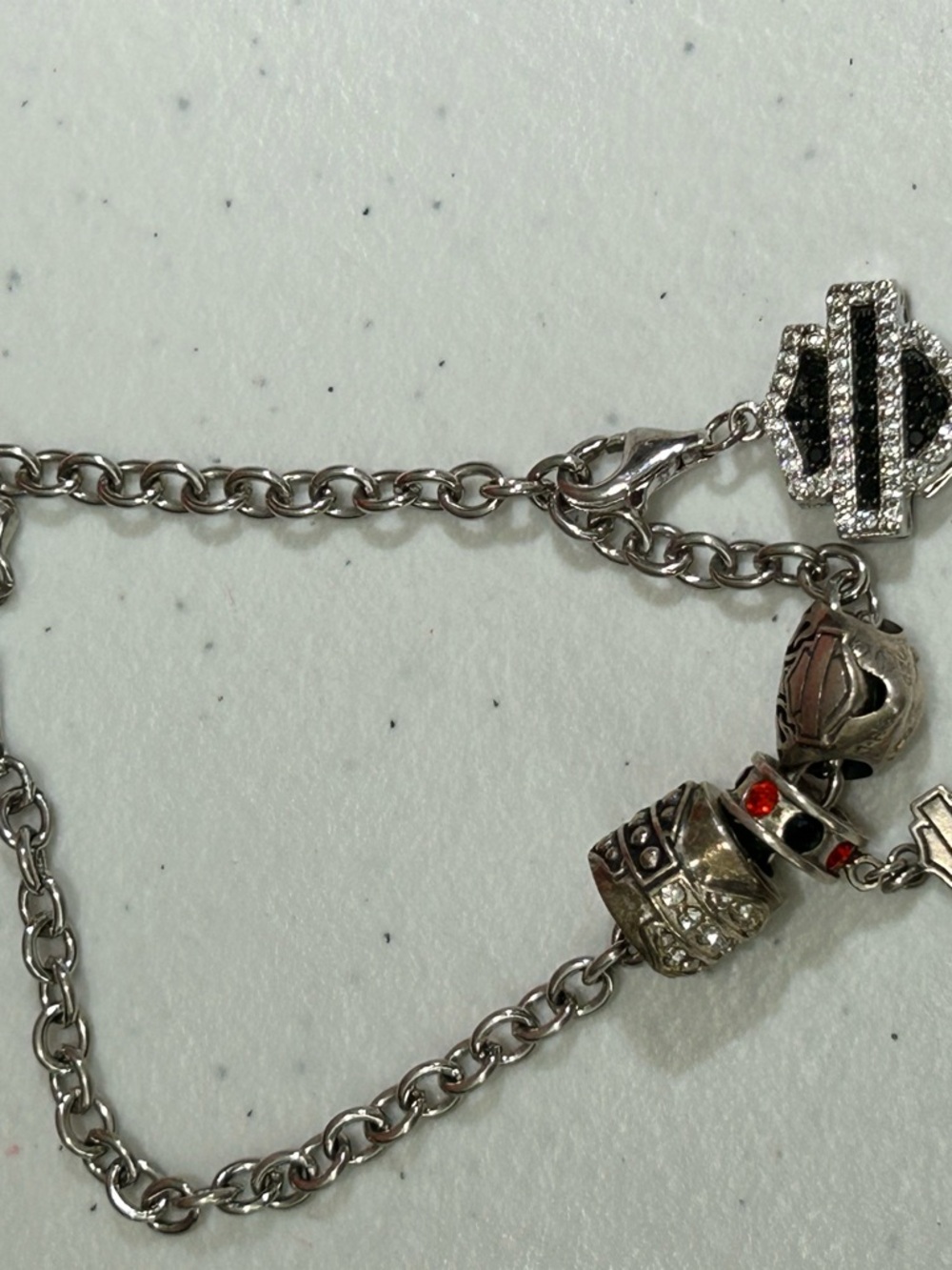 Harley-Davidson Silver Tone Charm Bracelet with Black and Red Accents
